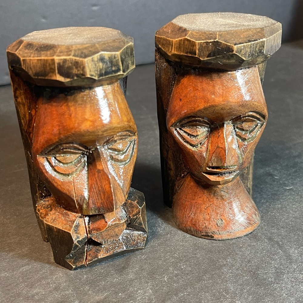 Vtg Jamaican Wooden 3.75” Hand Carved Totem Statues Lot of 2